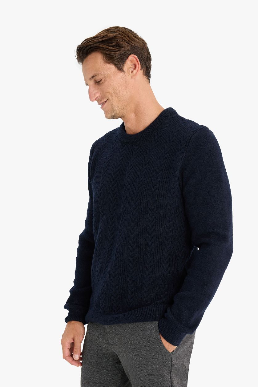 Erkek Lacivert Standart Fit Bisiklet Yaka Triko Kazak