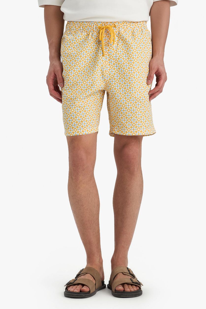 MAN Yellow Regular Fit Patterned Mesh Lined Swim Shorts