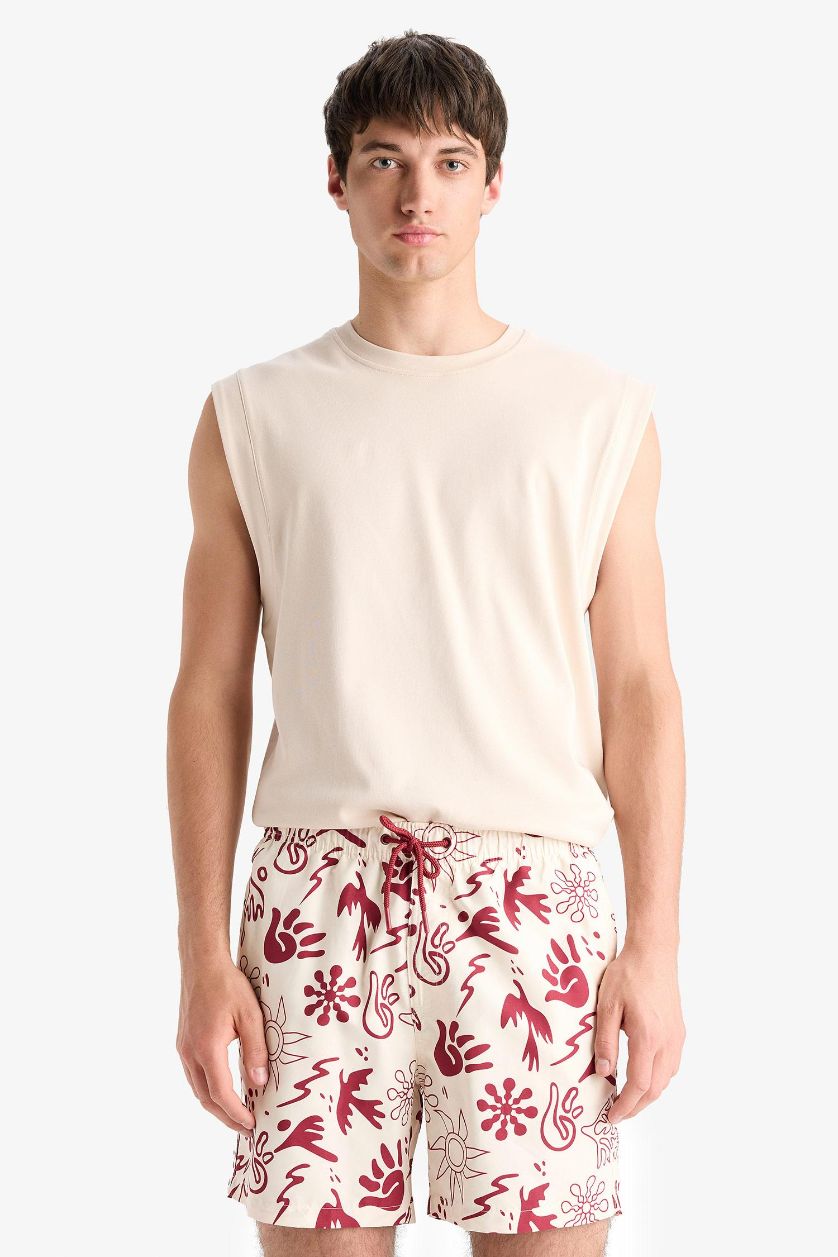 MAN Bordeaux Patterned Mesh Lined Short Length Swim Shorts