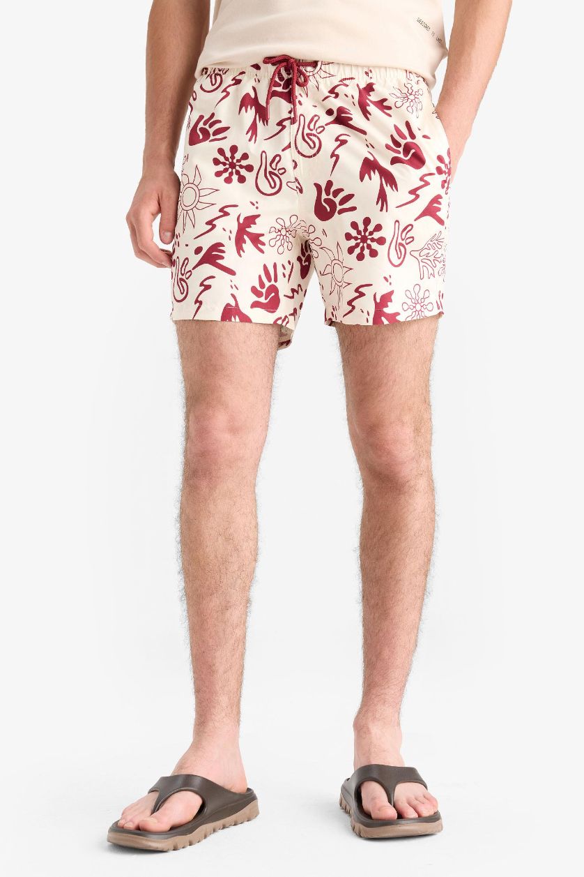 MAN Bordeaux Patterned Mesh Lined Short Length Swim Shorts
