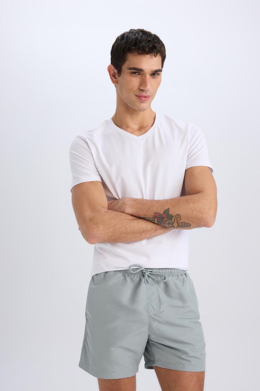 Erkek Gri File Astarlı Kısa Boy Deniz Şortu