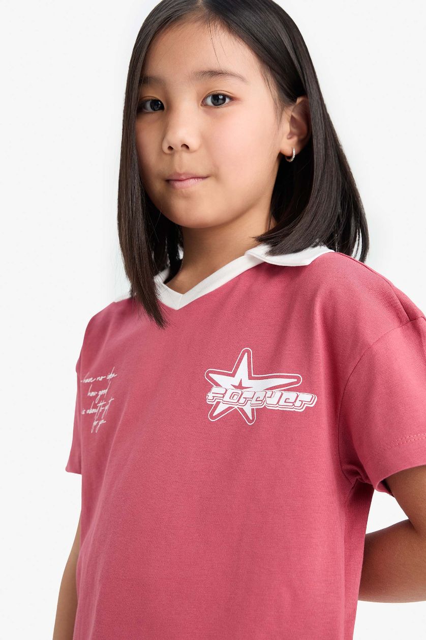 Kız Çocuk - Genç Kız Açık Bordo Boxy Fit Polo Yaka Baskılı Kısa Kollu Tişört Kız Çocuk