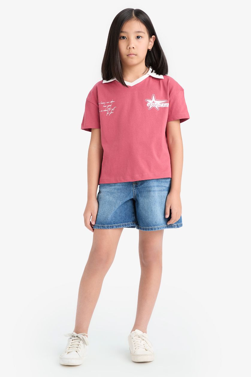 Kız Çocuk - Genç Kız Açık Bordo Boxy Fit Polo Yaka Baskılı Kısa Kollu Tişört Kız Çocuk