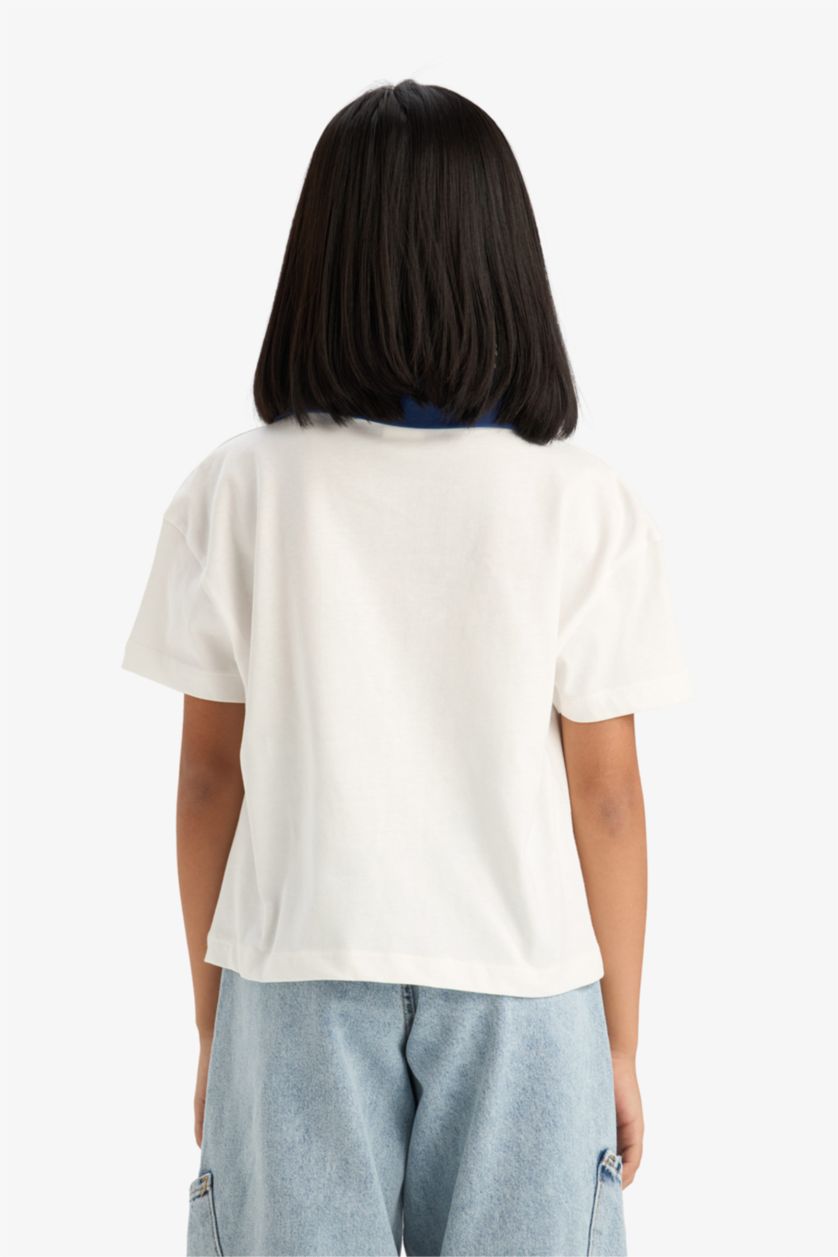 Kız Çocuk - Genç Kız Ekru Boxy Fit Polo Yaka Baskılı Kısa Kollu Tişört Kız Çocuk