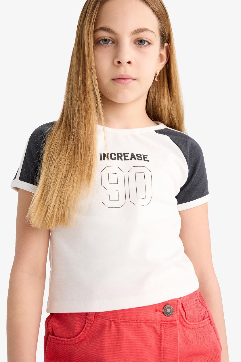 Kız Çocuk - Genç Kız Ekru Bisiklet Yaka Baskılı Ribana Kısa Kollu Tişört Kız Çocuk