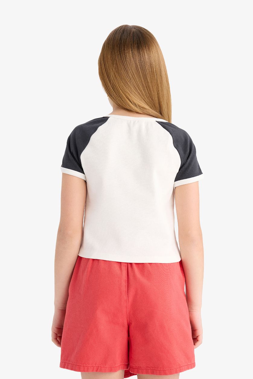 Kız Çocuk - Genç Kız Ekru Bisiklet Yaka Baskılı Ribana Kısa Kollu Tişört Kız Çocuk