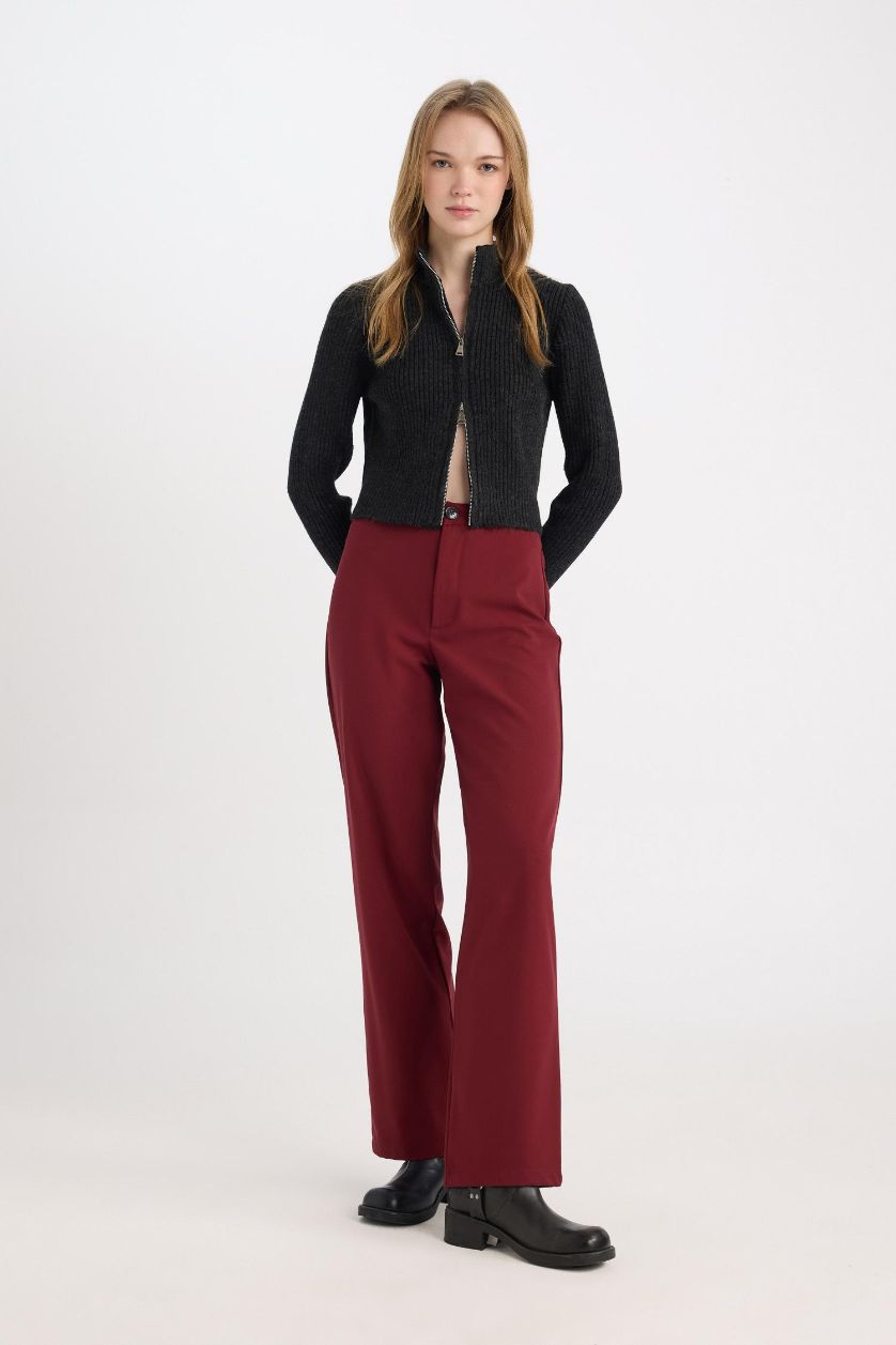 WOMAN Bordeaux Wide Leg High Waist Basic Standard Lenght Trousers