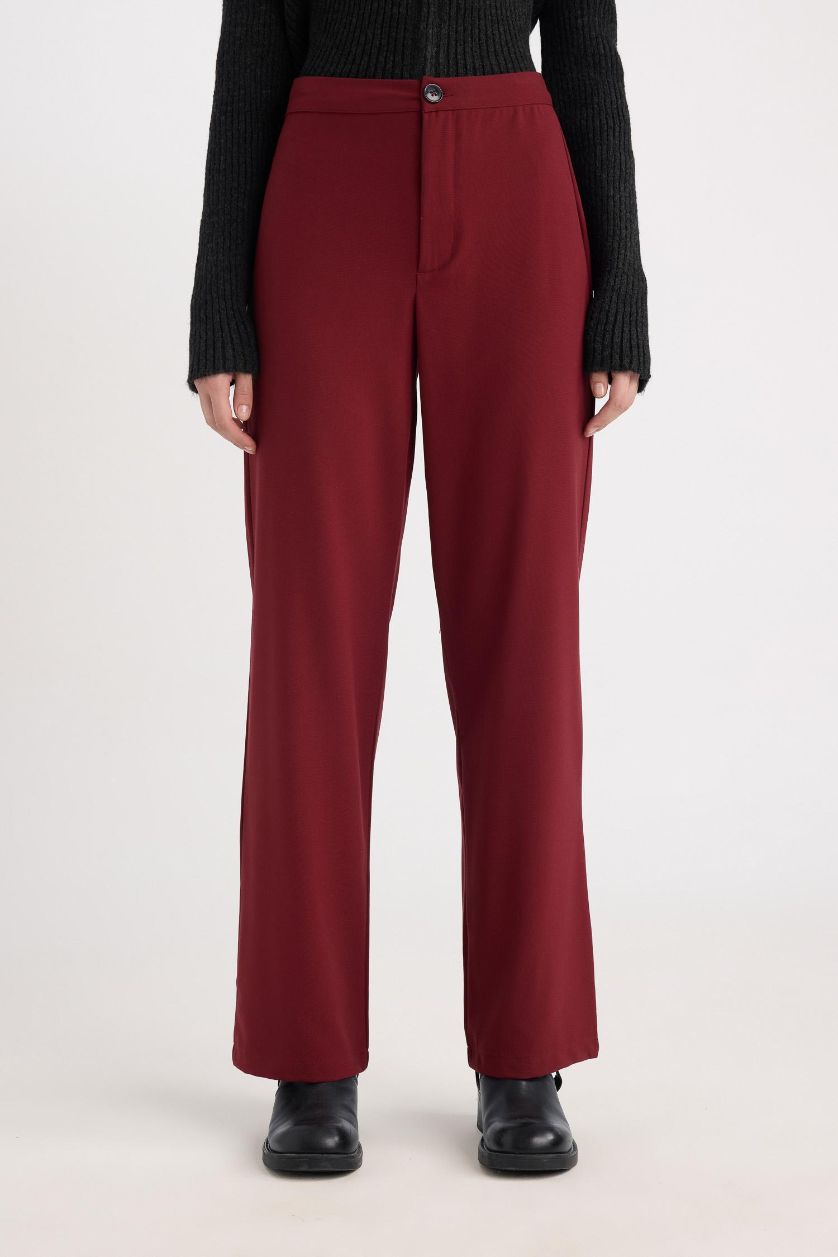 WOMAN Bordeaux Wide Leg High Waist Basic Standard Lenght Trousers