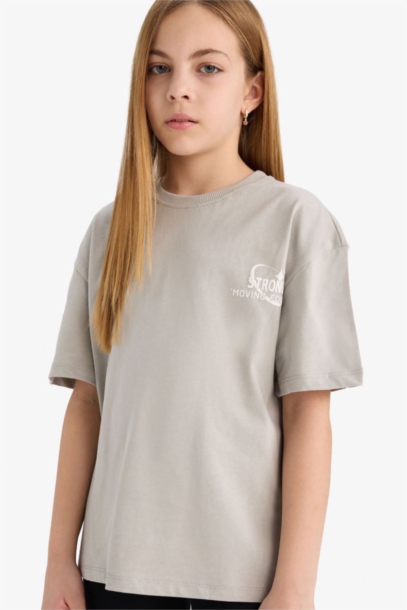 Kız Çocuk - Genç Kız Gri Oversize Geniş Kalıp Bisiklet Yaka Baskılı Kısa Kollu Tişört Kız Çocuk