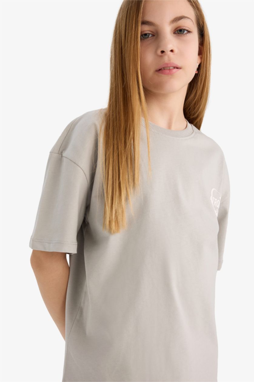 Kız Çocuk - Genç Kız Gri Oversize Geniş Kalıp Bisiklet Yaka Baskılı Kısa Kollu Tişört Kız Çocuk