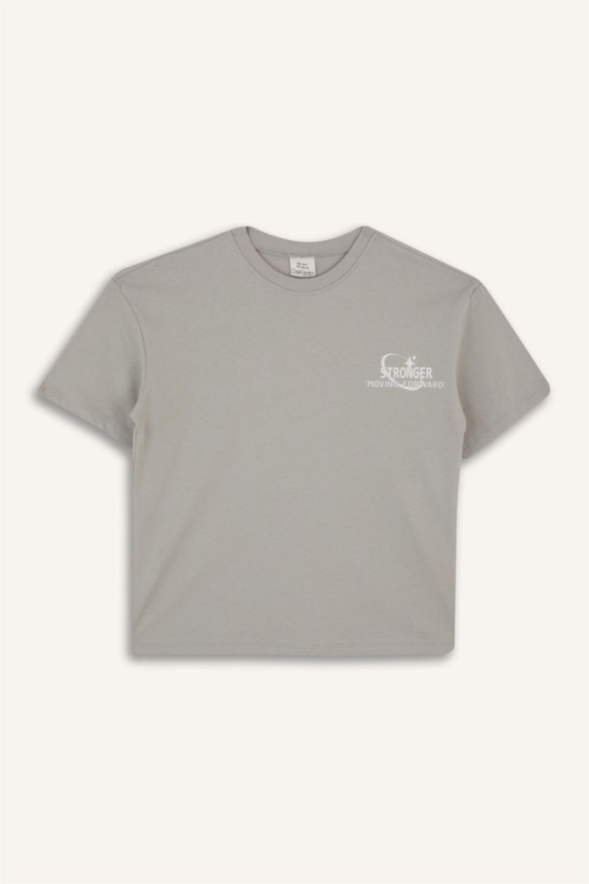 Kız Çocuk - Genç Kız Gri Oversize Geniş Kalıp Bisiklet Yaka Baskılı Kısa Kollu Tişört Kız Çocuk