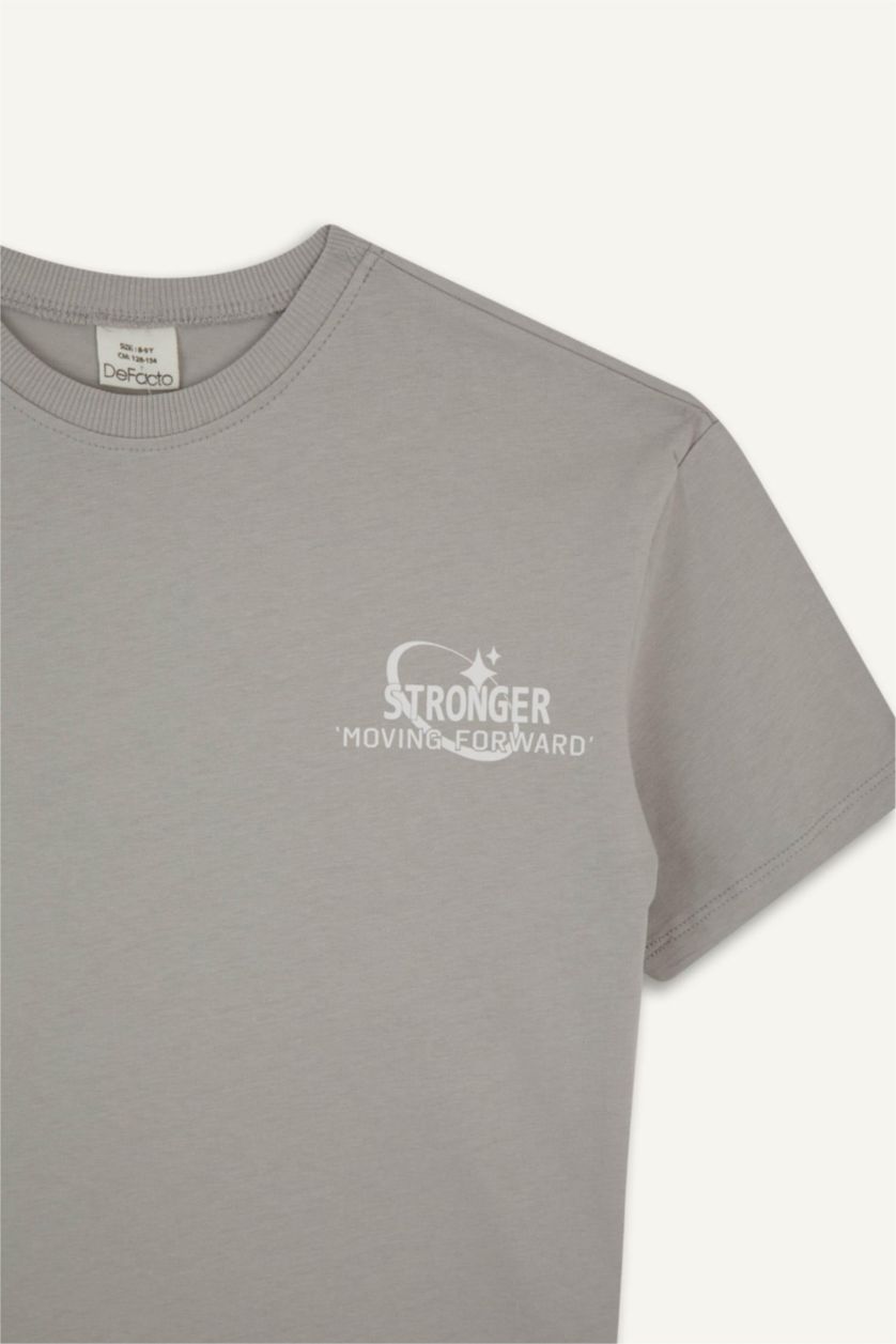 Kız Çocuk - Genç Kız Gri Oversize Geniş Kalıp Bisiklet Yaka Baskılı Kısa Kollu Tişört Kız Çocuk