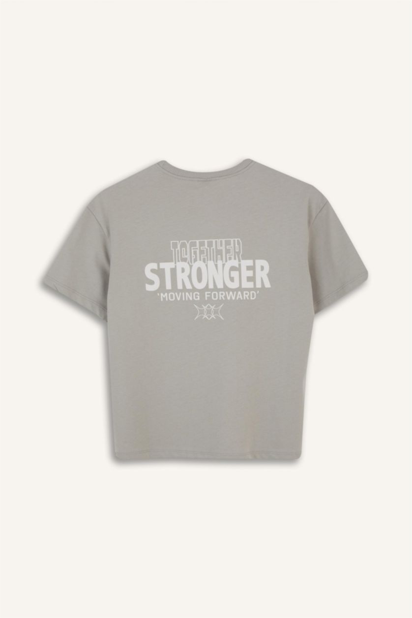 Kız Çocuk - Genç Kız Gri Oversize Geniş Kalıp Bisiklet Yaka Baskılı Kısa Kollu Tişört Kız Çocuk