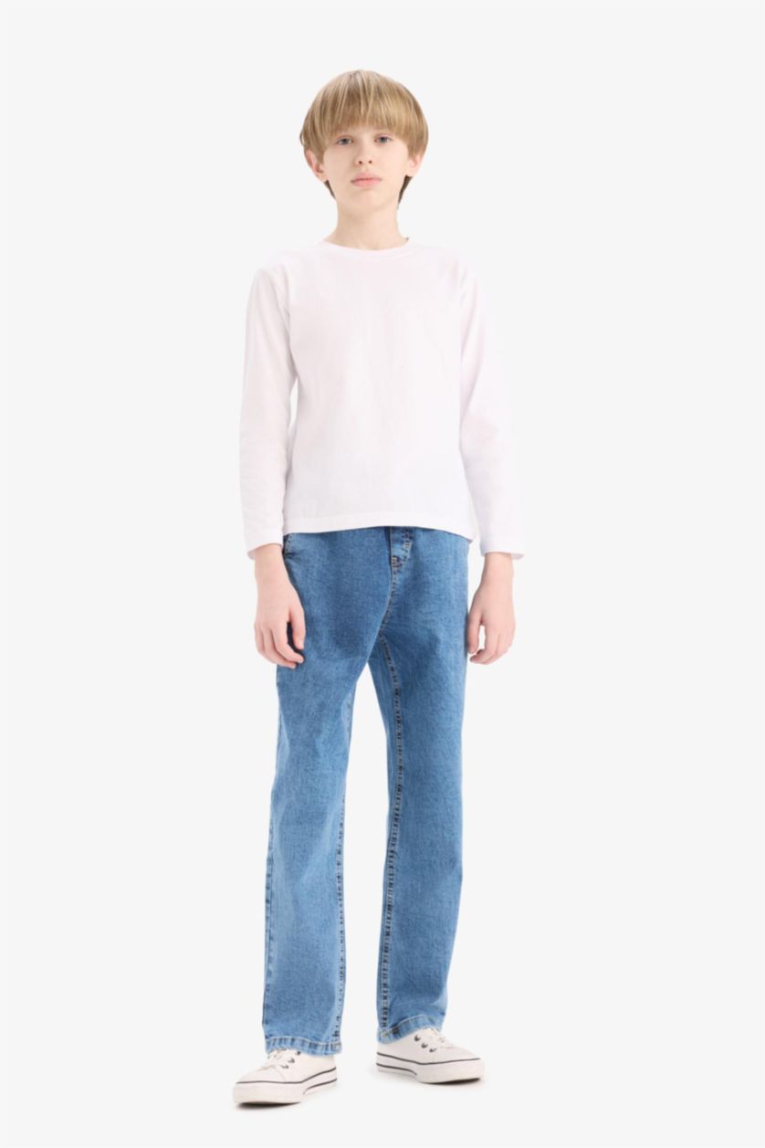 Erkek Çocuk - Genç Erkek Mavi Straight Fit Esnek Bantlı Paça Jean Pantolon Erkek Çocuk