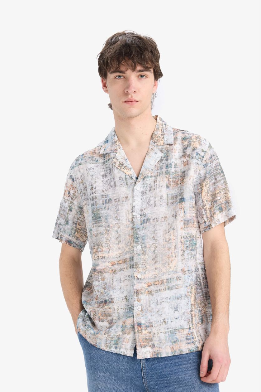 MAN Light Khaki Regular Fit Apache Neck Short Sleeve Shirt