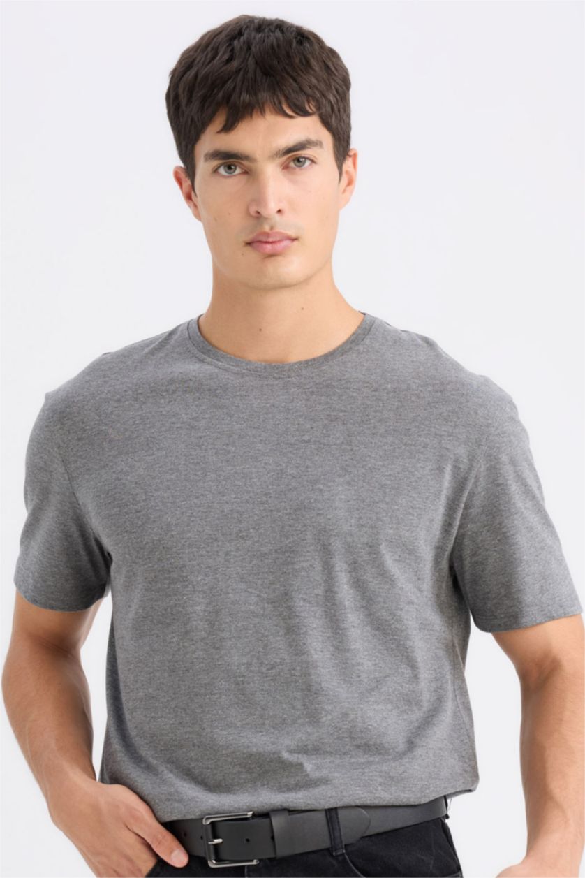 Erkek Antasit Melanj New Regular Fit Bisiklet Yaka Basic Düz Kısa Kollu Tişört