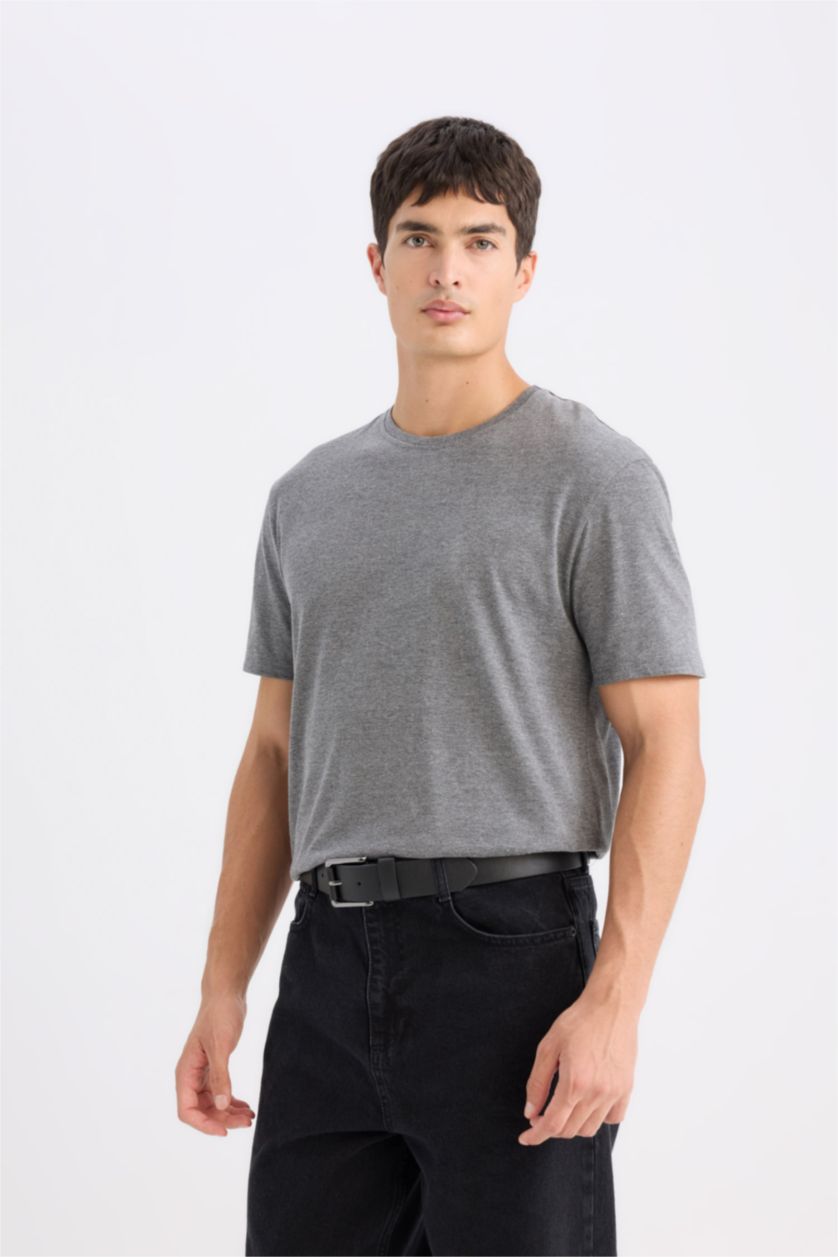 Erkek Antasit Melanj New Regular Fit Bisiklet Yaka Basic Düz Kısa Kollu Tişört