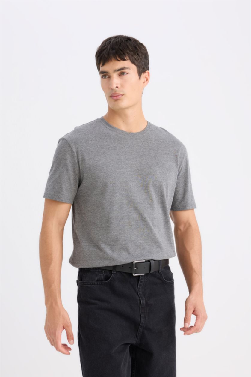 Erkek Antasit Melanj New Regular Fit Bisiklet Yaka Basic Düz Kısa Kollu Tişört