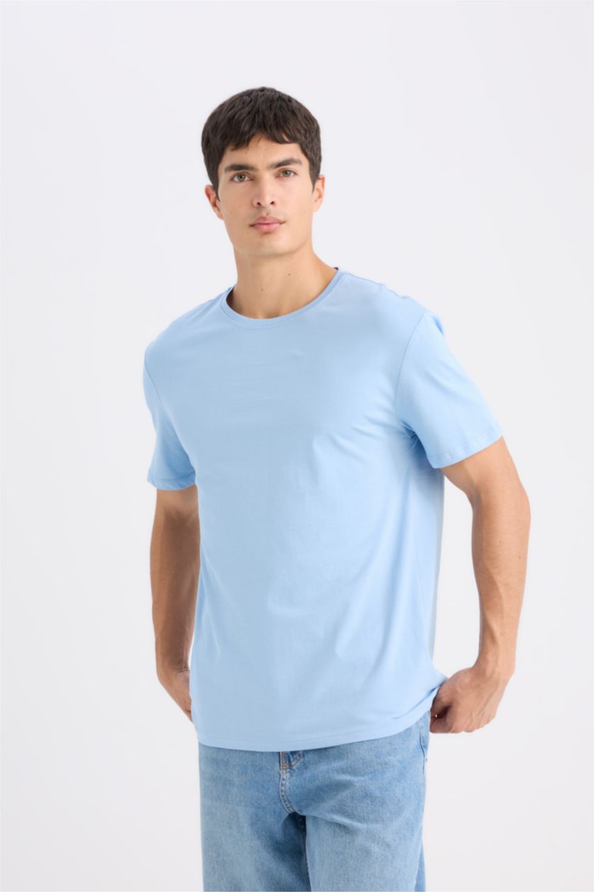 Erkek Mavi New Regular Fit Bisiklet Yaka Basic Düz Kısa Kollu Tişört