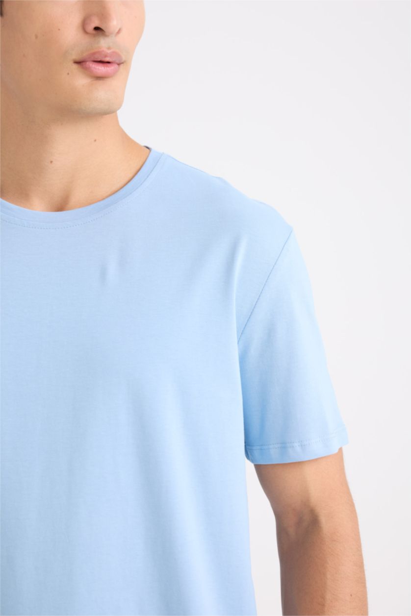 Erkek Mavi New Regular Fit Bisiklet Yaka Basic Düz Kısa Kollu Tişört