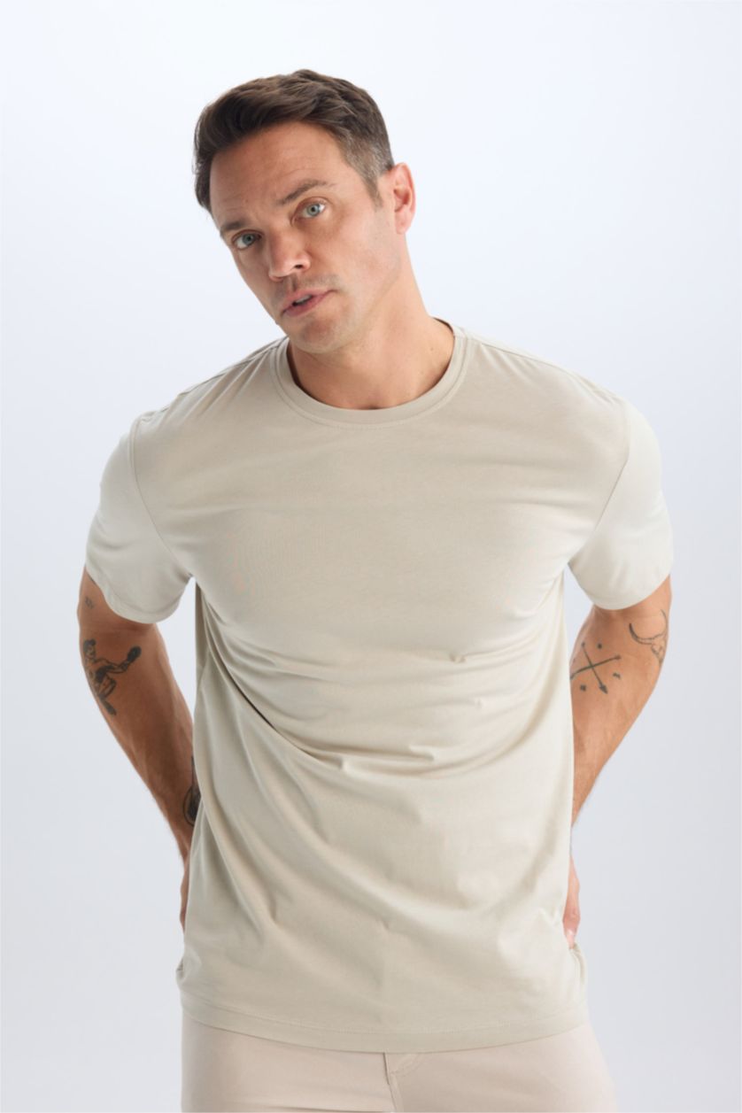 Erkek Taş New Regular Fit Bisiklet Yaka Basic Düz Kısa Kollu Tişört