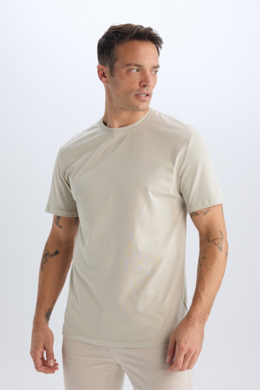 Erkek Taş New Regular Fit Bisiklet Yaka Basic Düz Kısa Kollu Tişört