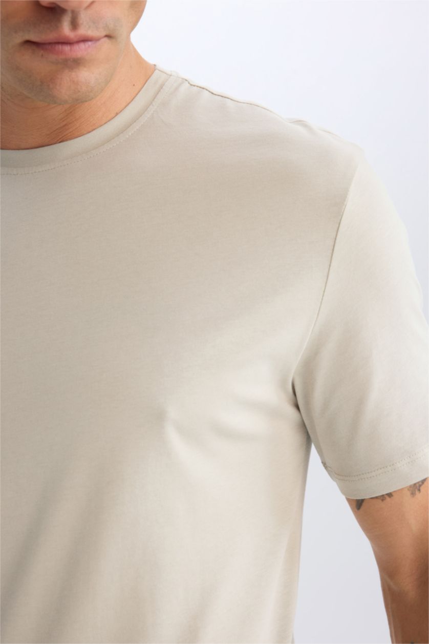 Erkek Taş New Regular Fit Bisiklet Yaka Basic Düz Kısa Kollu Tişört