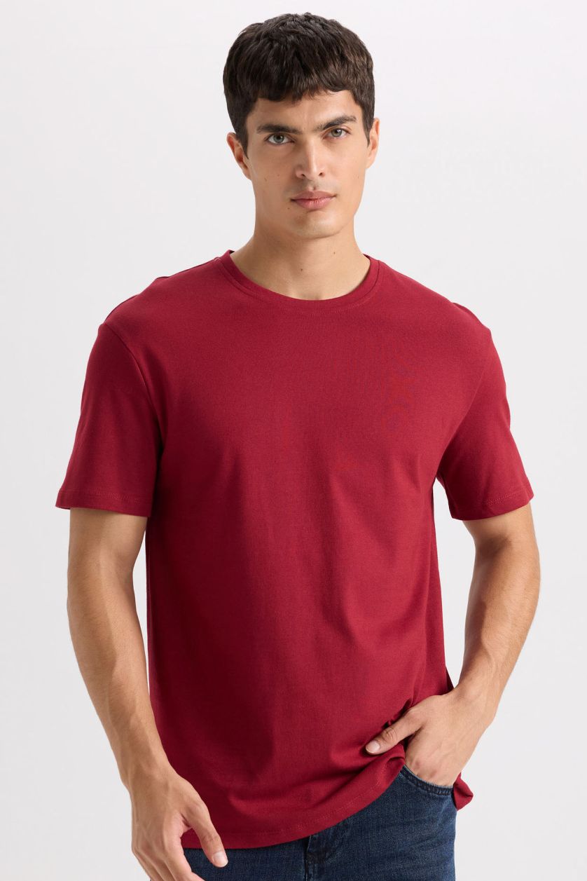 Erkek Bordo New Regular Fit Bisiklet Yaka Basic Düz Kısa Kollu Tişört