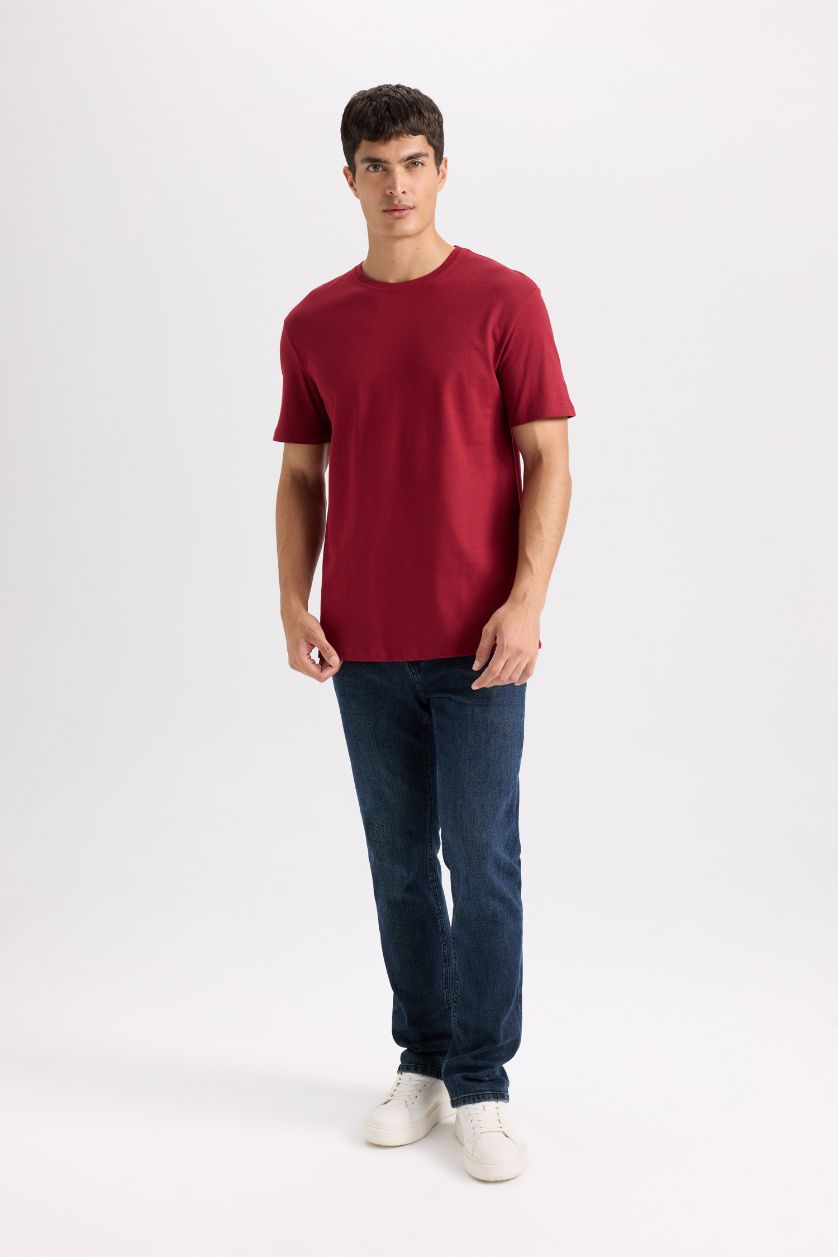 Erkek Bordo New Regular Fit Bisiklet Yaka Basic Düz Kısa Kollu Tişört
