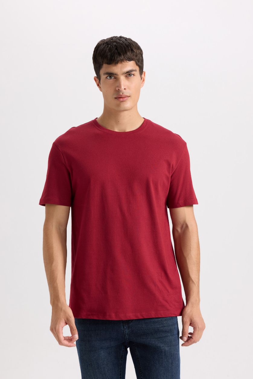 Erkek Bordo New Regular Fit Bisiklet Yaka Basic Düz Kısa Kollu Tişört