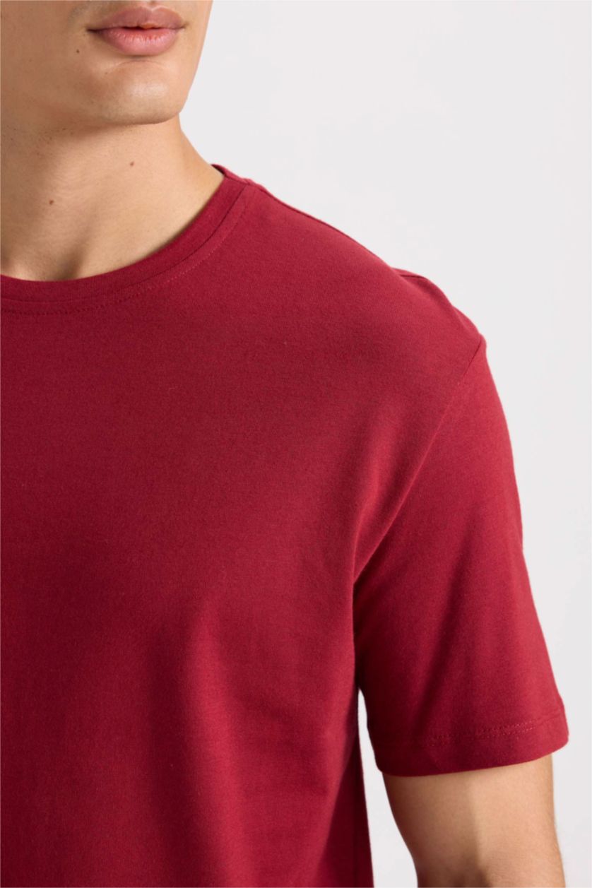 Erkek Bordo New Regular Fit Bisiklet Yaka Basic Düz Kısa Kollu Tişört