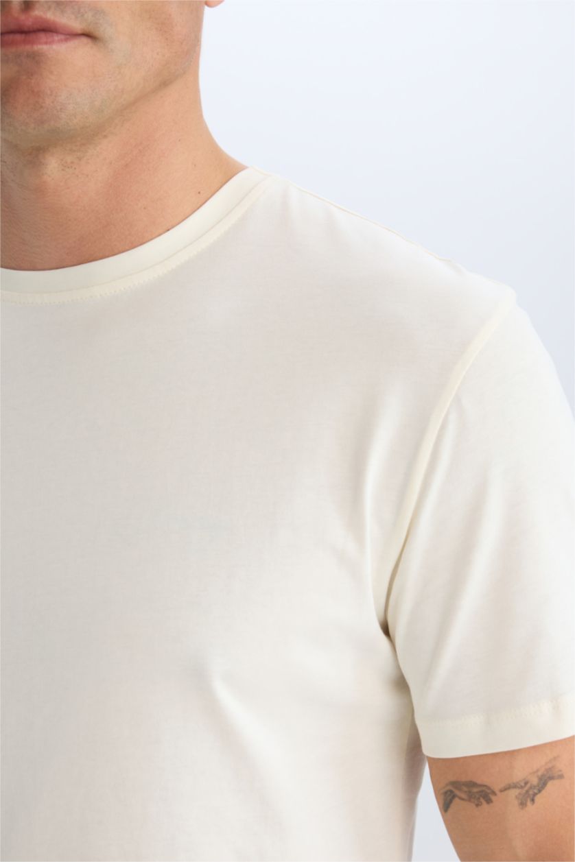 Erkek Ekru New Regular Fit Bisiklet Yaka Basic Düz Kısa Kollu Tişört