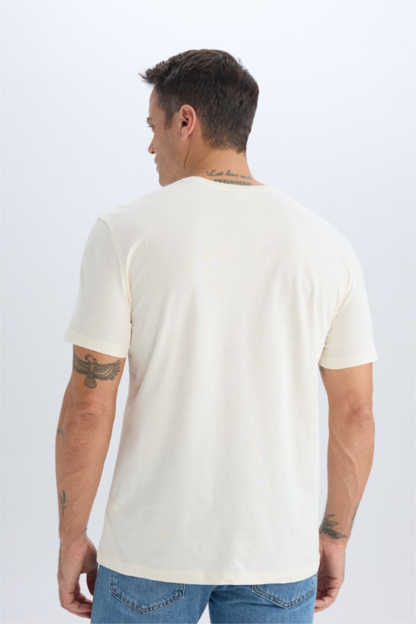 Erkek Ekru New Regular Fit Bisiklet Yaka Basic Düz Kısa Kollu Tişört