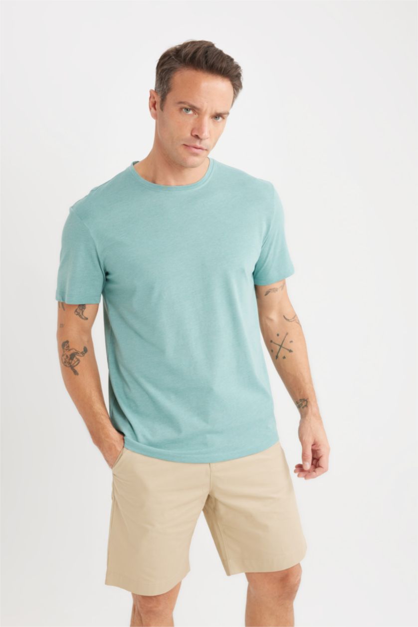 Erkek Açık Yeşil New Regular Fit Bisiklet Yaka Basic Düz Kısa Kollu Tişört