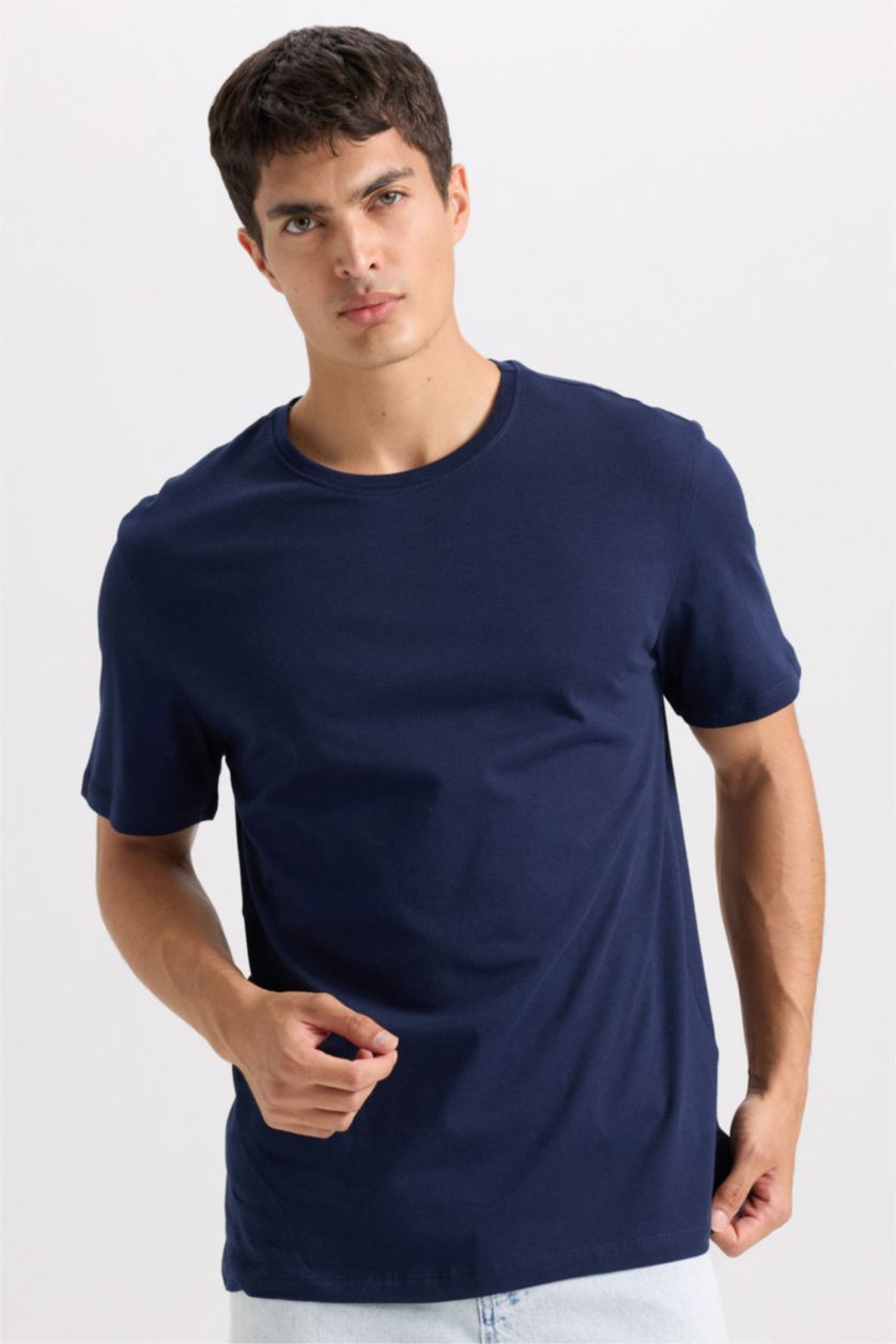 Erkek Lacivert New Regular Fit Bisiklet Yaka Basic Düz Kısa Kollu Tişört