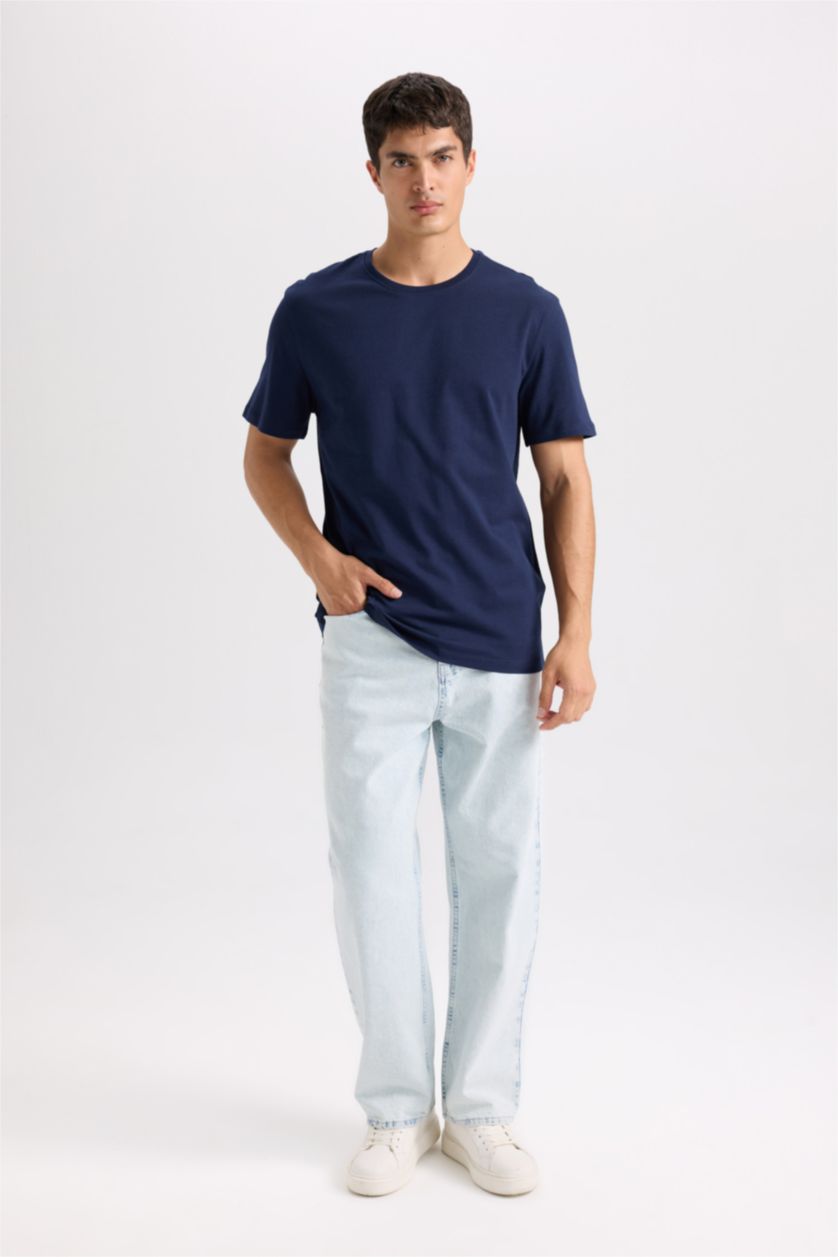 Erkek Lacivert New Regular Fit Bisiklet Yaka Basic Düz Kısa Kollu Tişört