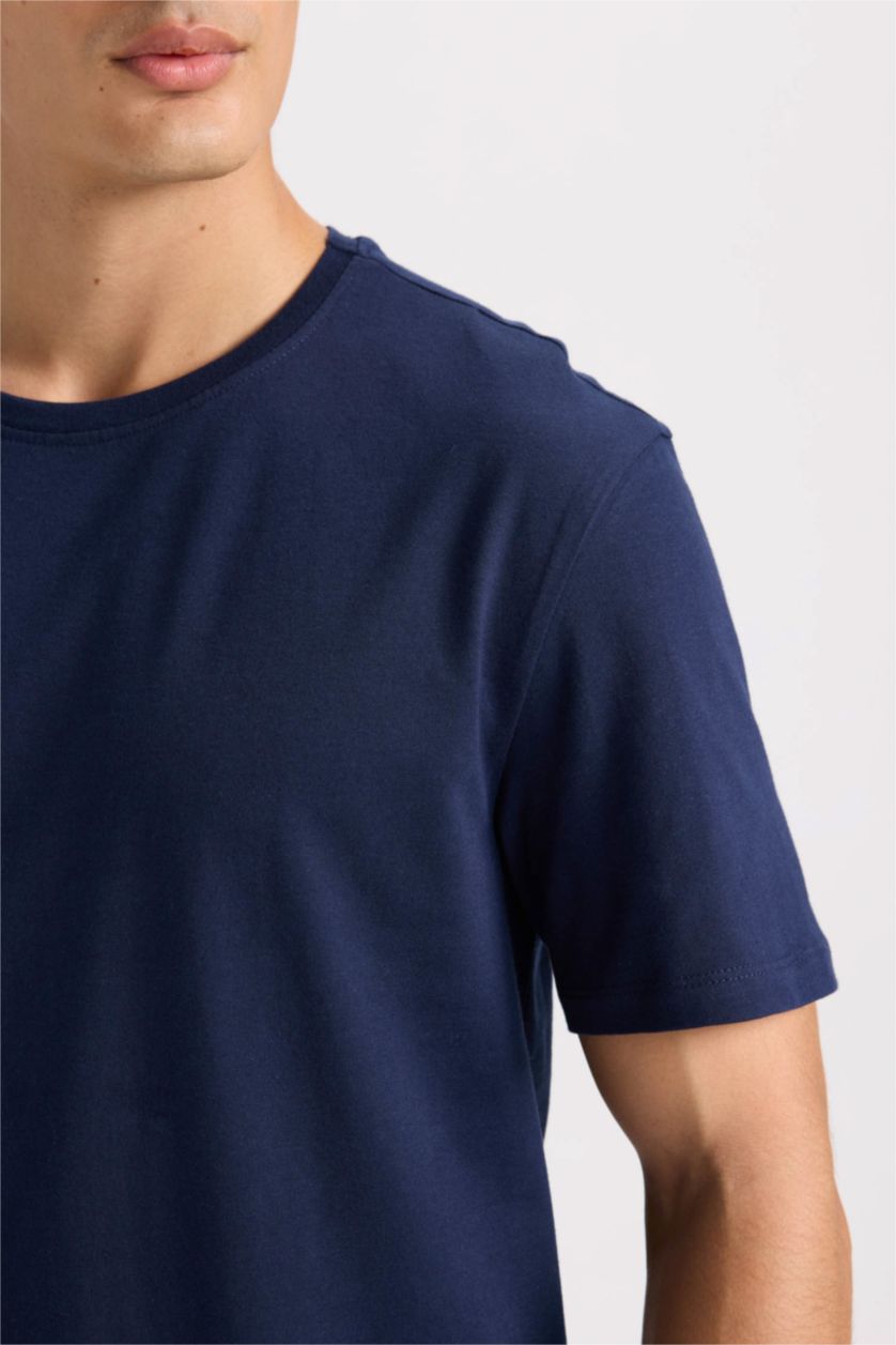 Erkek Lacivert New Regular Fit Bisiklet Yaka Basic Düz Kısa Kollu Tişört