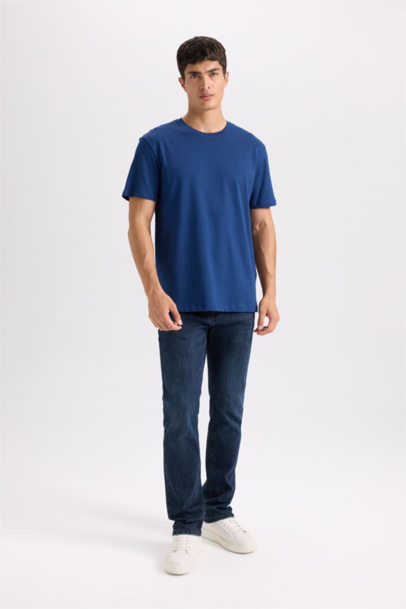 Erkek Lacivert New Regular Fit Bisiklet Yaka Basic Düz Kısa Kollu Tişört