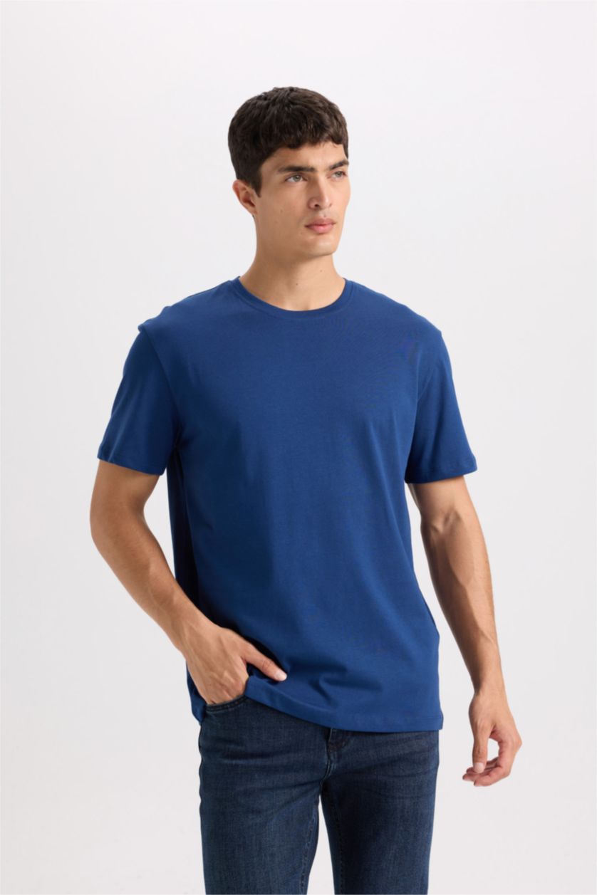 Erkek Lacivert New Regular Fit Bisiklet Yaka Basic Düz Kısa Kollu Tişört