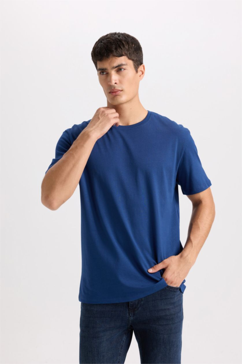 Erkek Lacivert New Regular Fit Bisiklet Yaka Basic Düz Kısa Kollu Tişört