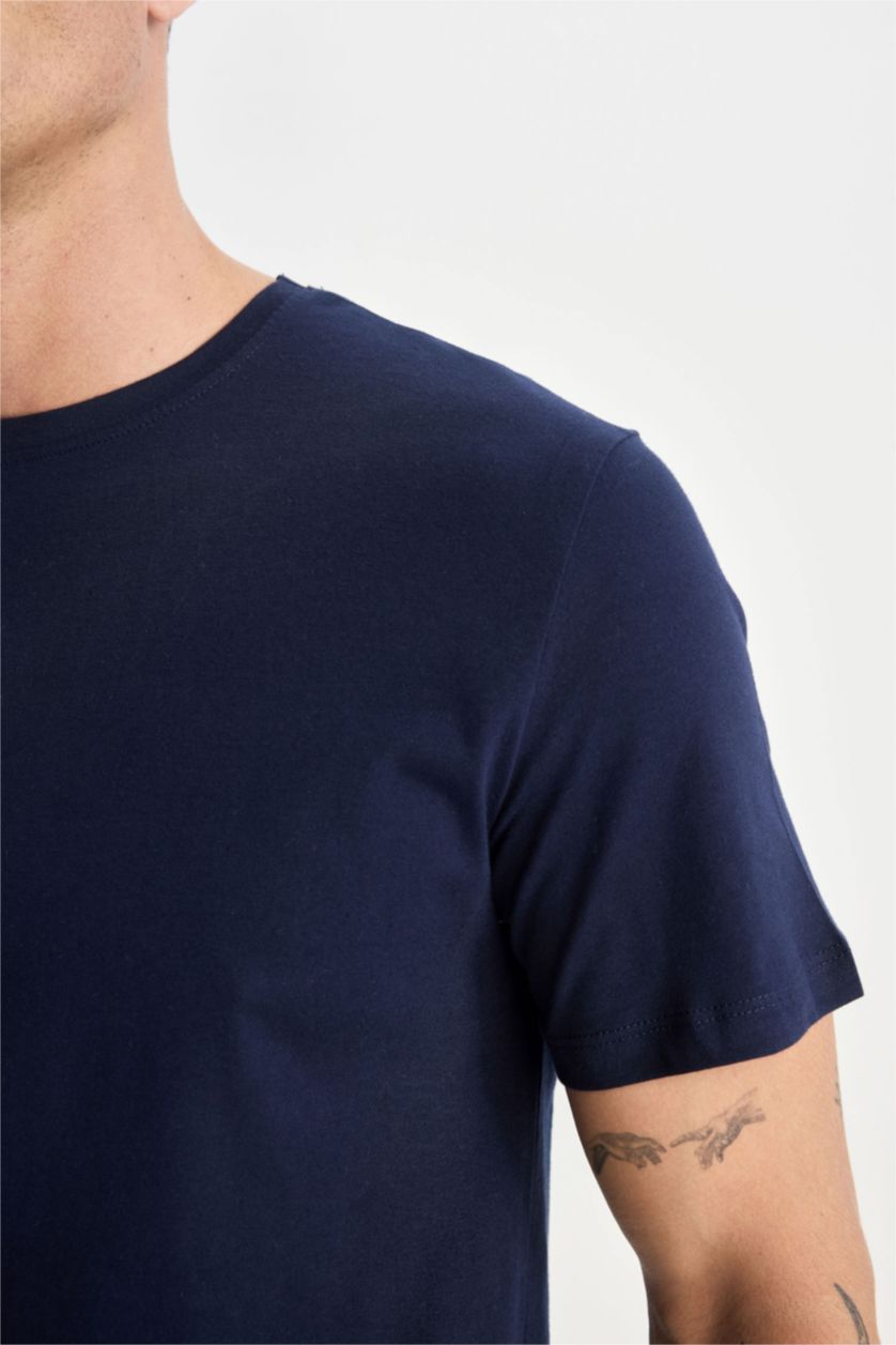 Erkek Lacivert %100 Pamuk New Regular Fit Bisiklet Yaka Basic Düz Kısa Kollu Tişört