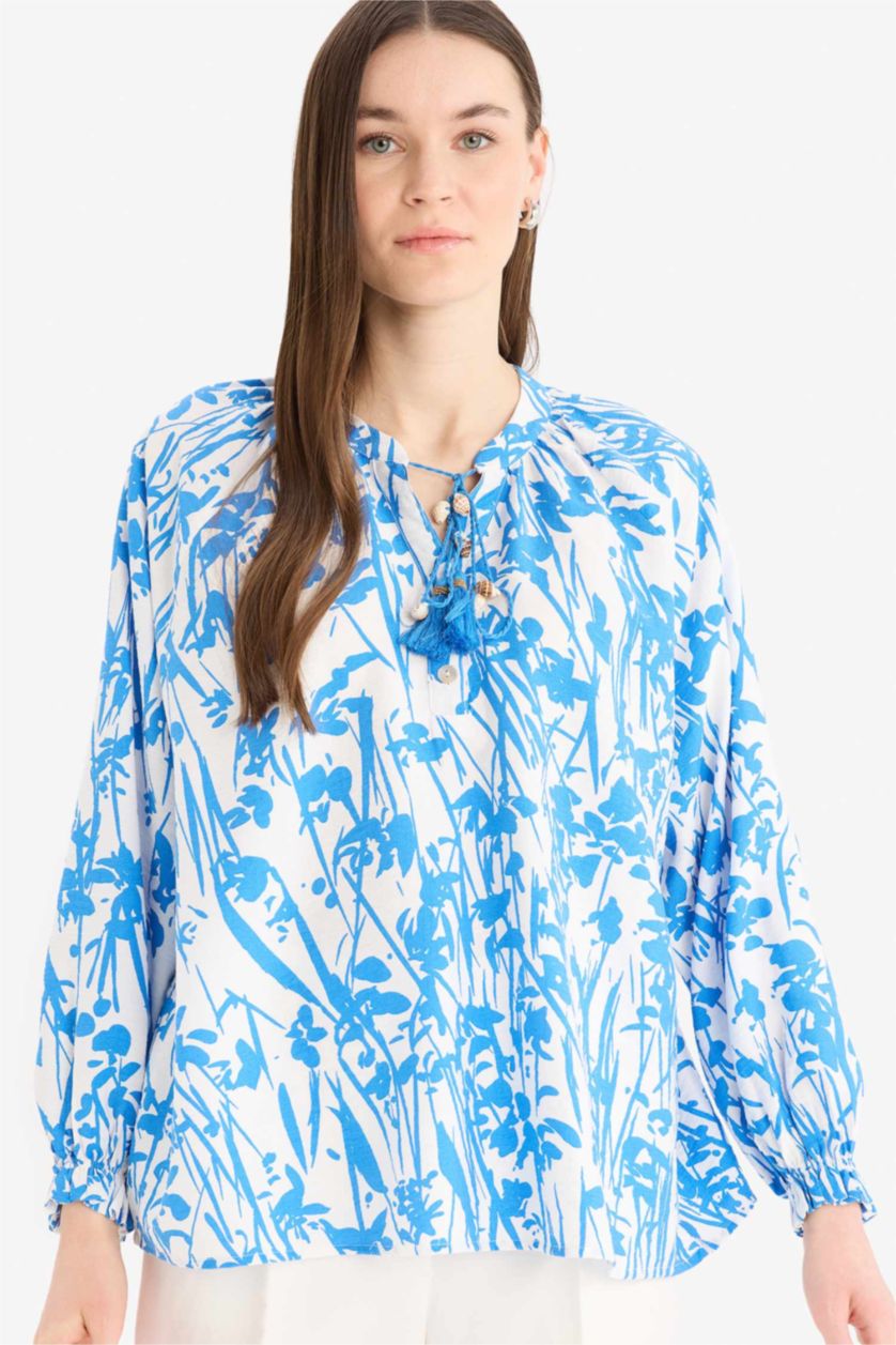 Woman Blue Relax Fit Laced Collar Patterned Long Sleeve Shirt Tunic