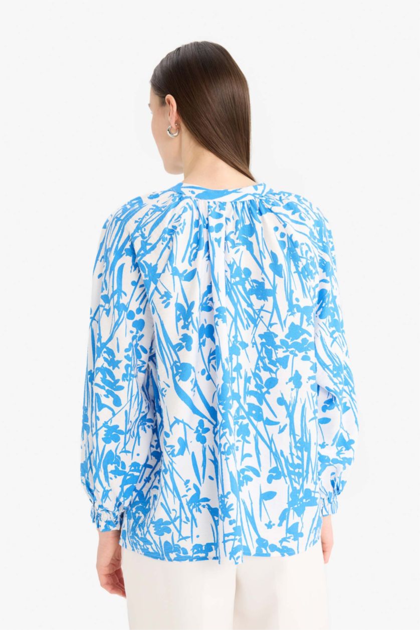 Woman Blue Relax Fit Laced Collar Patterned Long Sleeve Shirt Tunic