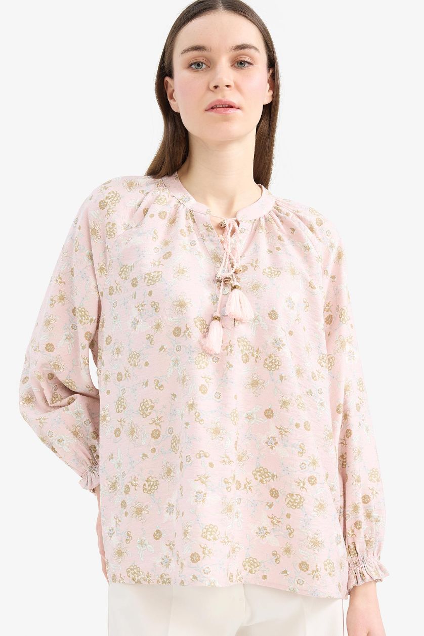 Woman Light Pink Relax Fit Printed Long Sleeve Tunic