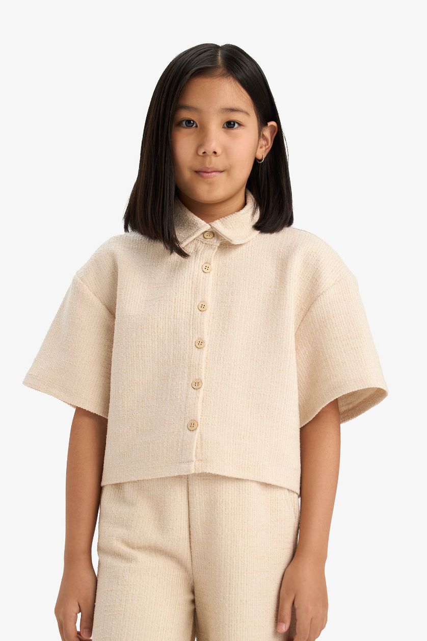 Girls & Teens Beige Girl Relax Fit Polo Neck Basic Short Sleeve T-Shirt