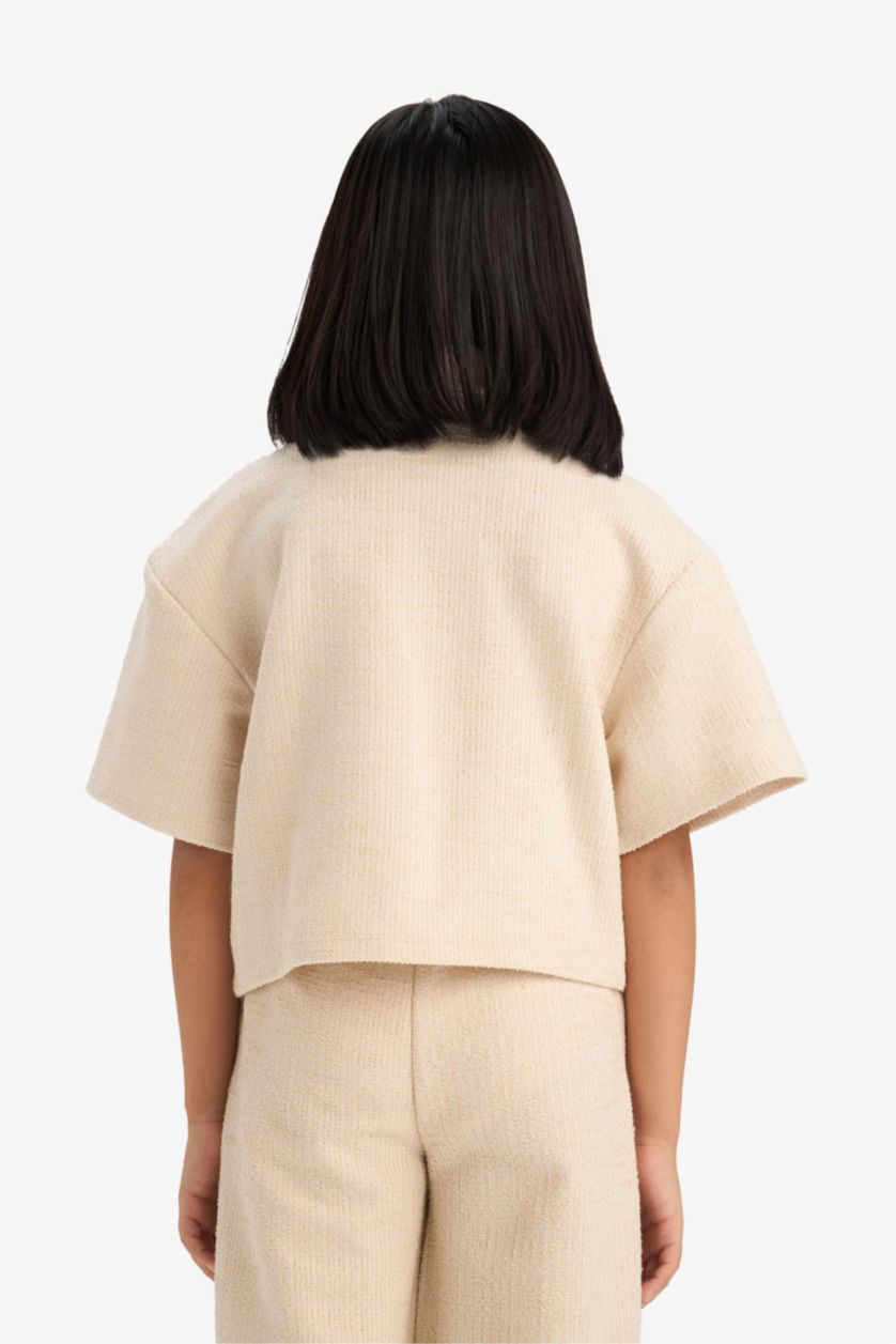 Girls & Teens Beige Girl Relax Fit Polo Neck Basic Short Sleeve T-Shirt