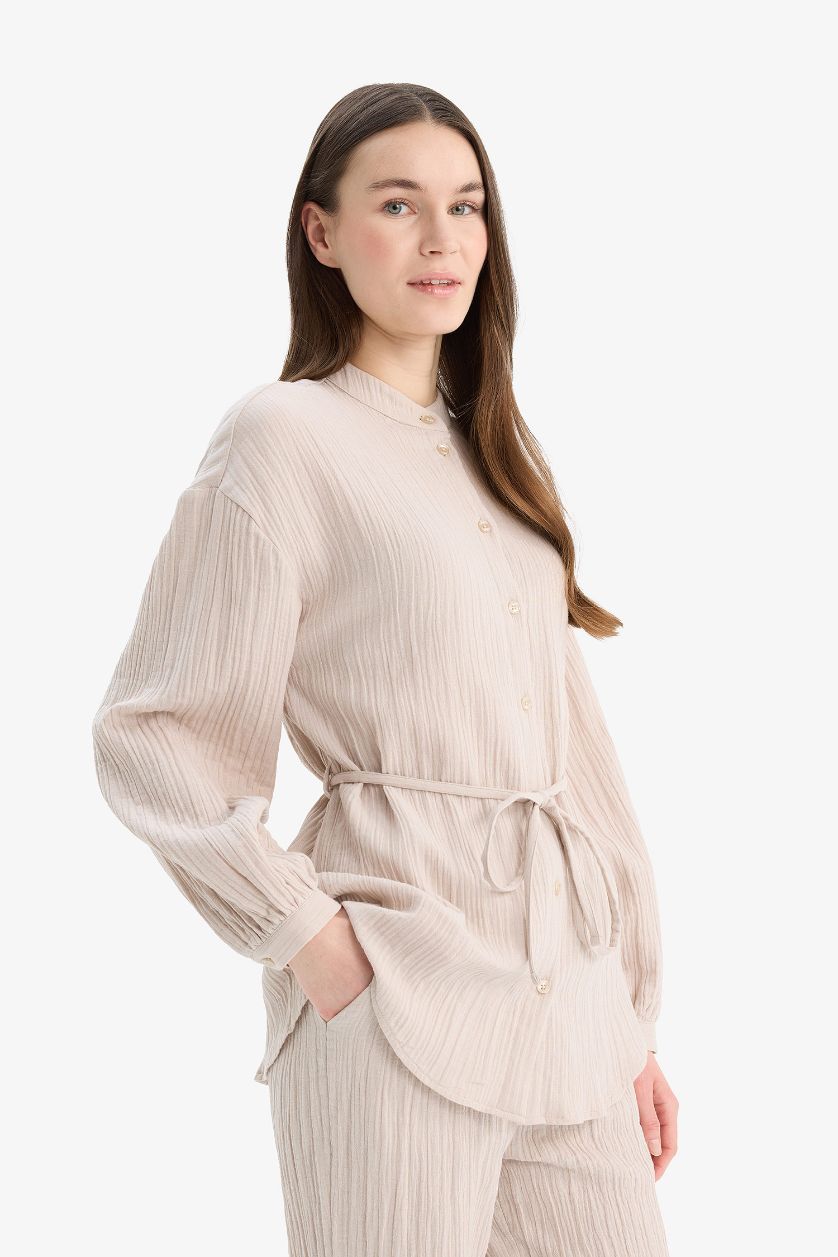 نساء بيج قميص موسلين سادة قصة مريحة وردن طويل