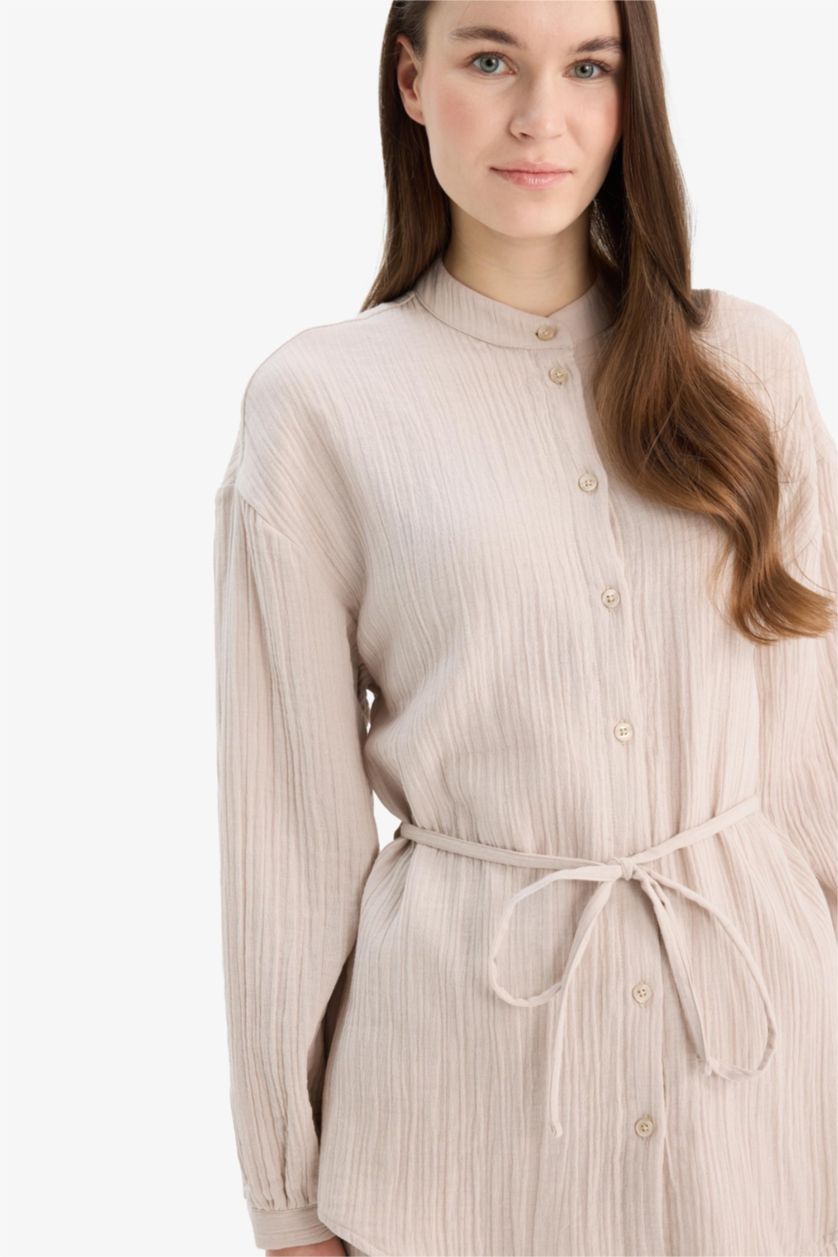 نساء بيج قميص موسلين سادة قصة مريحة وردن طويل