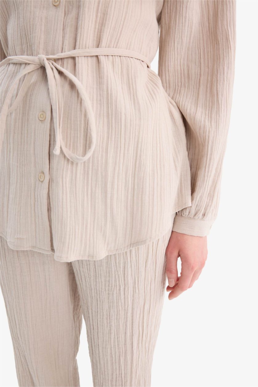 نساء بيج قميص موسلين سادة قصة مريحة وردن طويل