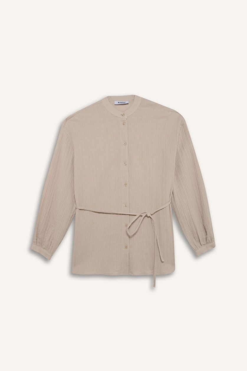 نساء بيج قميص موسلين سادة قصة مريحة وردن طويل